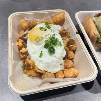 Bopomofo Cafe - Mapo Tots with a fried egg added on top - Sandwiches Near Me - San Diego, California