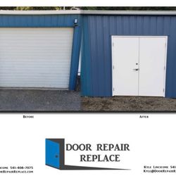 Door Repair Replace - Commercial garage door to metal pair conversion with new corugated siding in fill to match existing