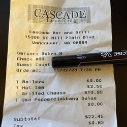 TJ's Cascade Bar & Grill - One shot of Baileys, one hot cocoa, and one grilled cheese. Almost $30 with the tip.