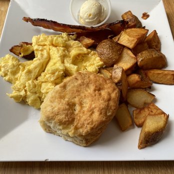 The Blue Hen Cafe - Two eggs with home fries and bacon - Southern Near Me - Saint Augustine, Florida