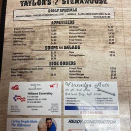 the menu for taylor's steakhouse the menu for taylor's steakhouse