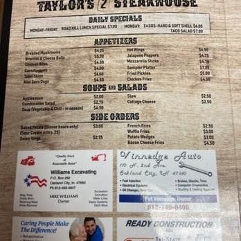 Taylor's II - the menu for taylor's steakhouse - Steakhouses Near Me - Oakland City, Indiana Taylor's II - the menu for taylor's steakhouse - Steakhouses Near Me - Oakland City, Indiana