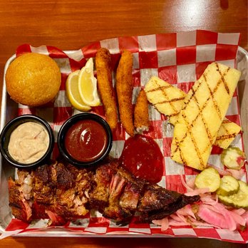 Famous Daves - Sweet Water Catfish, Rib Tips, Grilled Pineapple Chunks, pickled onions and pickles and a cornbread muffin delicious - Barbeque Near Me - Long Beach, California Famous Daves - Sweet Water Catfish, Rib Tips, Grilled Pineapple Chunks, pickled onions and pickles and a cornbread muffin delicious - Barbeque Near Me - Long Beach, California