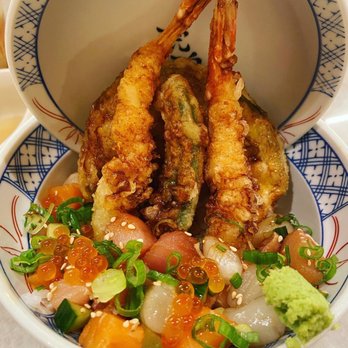 Tendon Kohaku - Sashimi Aimori Tendon Rice, Kohaku Tendon Sauce, Prawns, Chicken, Kabocha Pumpkin, French beans, Tuna, Salmon, Scallop, Ikura (Salmon Roe) - Japanese Near Me - Burnaby, British Columbia Tendon Kohaku - Sashimi Aimori Tendon Rice, Kohaku Tendon Sauce, Prawns, Chicken, Kabocha Pumpkin, French beans, Tuna, Salmon, Scallop, Ikura (Salmon Roe) - Japanese Near Me - Burnaby, British Columbia