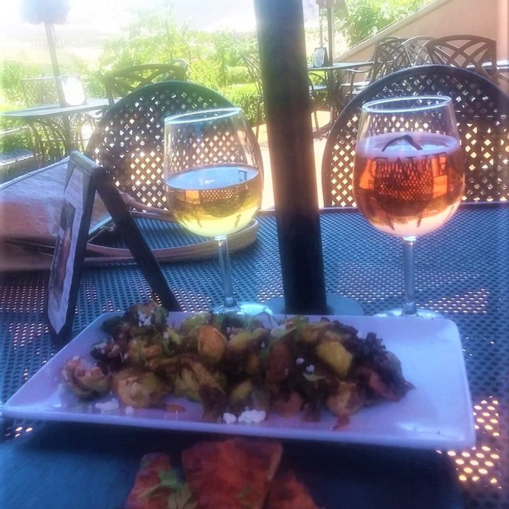 Oak Mountain Winery - Sauteed Brussels Sprouts, bread, peach and raspberry sparkling wine. - Wineries Near Me - Temecula, California Oak Mountain Winery - Sauteed Brussels Sprouts, bread, peach and raspberry sparkling wine. - Wineries Near Me - Temecula, California