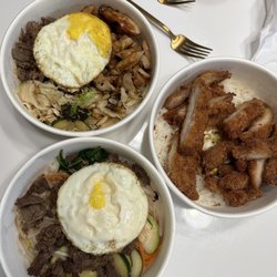 Unbelieva Bowl Asian Grill - Bibimbap, chicken and beef teriyaki bowl, chicken katsu bowl