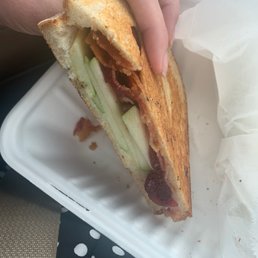 a hand holding a sandwich
