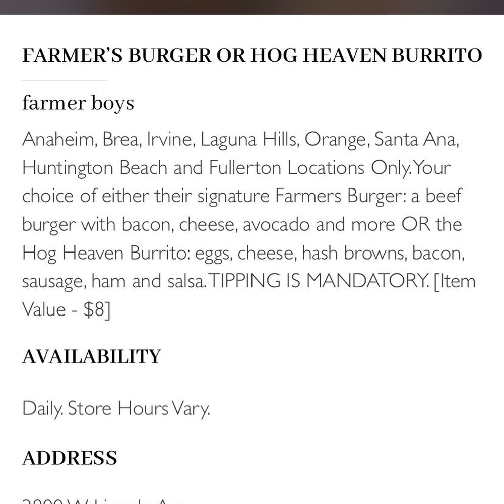 Farmer Boys - Free Farmer Burger or Hog Heaven Burrito on the app called Off The Menu. - Burgers Near Me - Anaheim, California