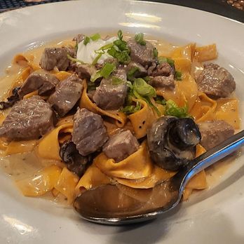 Patty's Place - Filet Mignon Beef Stroganoff - sliced Filet Mignon, mushroom, pappardelle, rich cream sauce and scallions. Amazing! - Seafood Near Me - Seal Beach, California Patty's Place - Filet Mignon Beef Stroganoff - sliced Filet Mignon, mushroom, pappardelle, rich cream sauce and scallions. Amazing! - Seafood Near Me - Seal Beach, California