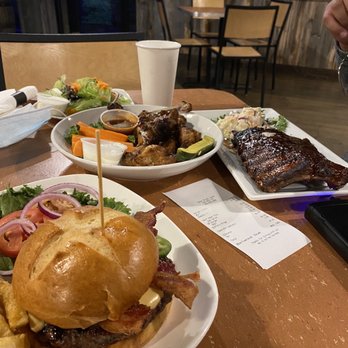 Oskar Blues Grill & Brew - OB Burger (bacon, mushrooms, jalapeños, beer cheese) , 1/2 rack of Ribs with coleslaw & slide salad, House Wings with mama sauce on the side - Burgers Near Me - Lyons, Colorado Oskar Blues Grill & Brew - OB Burger (bacon, mushrooms, jalapeños, beer cheese) , 1/2 rack of Ribs with coleslaw & slide salad, House Wings with mama sauce on the side - Burgers Near Me - Lyons, Colorado