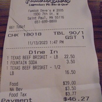 Famous Dave's Bar-B-Que - Final tab. - Comfort Food Near Me - St. Paul, Minnesota Famous Dave's Bar-B-Que - Final tab. - Comfort Food Near Me - St. Paul, Minnesota