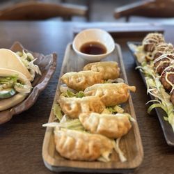 Token Ramen - Left to Right: Pork Steamed Bun Gyoza Takoyaki