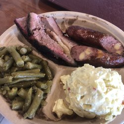 San Marcos BBQ - Jp plate brisket spicy sausage green beans potato salad