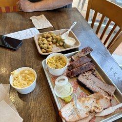 True Texas BBQ - Three meats, mac, corn, and okra