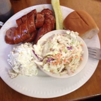 Holy Smokes BBQ and Catering - Spicy sausage, Brent's potato salad & coleslaw - Barbeque Near Me - Mountain Home, Arkansas