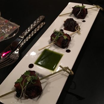River and Woods - Bacon-wrapped dates, onion jelly, green sauce (?) - New American Near Me - Boulder, Colorado