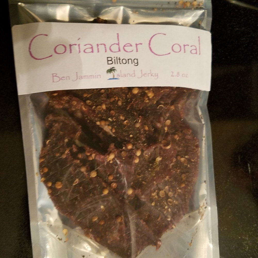 Ben Jammin Island Jerky - a bag of coriander coral - Live/Raw Food Near Me - Jacksonville Beach, Florida