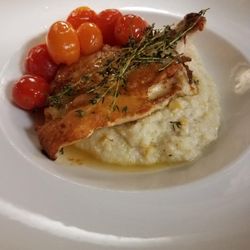 Roasted Chicken-corn grits, blistered tomato, chicken crackling