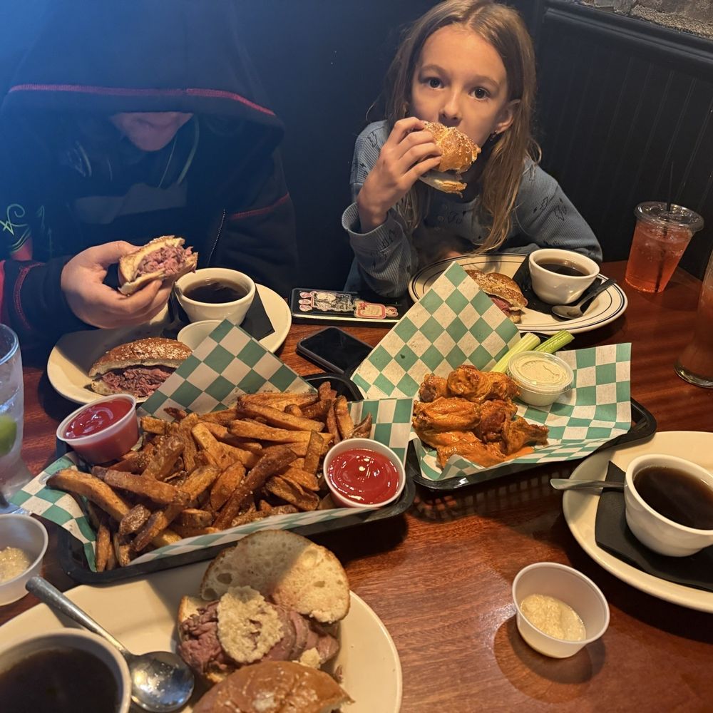 Beef on weck- fries and wings that I'm told are flown in from Buffalo- the sauce is definitely franks base which is 100% correct Beef on weck- fries and wings that I'm told are flown in from Buffalo- the sauce is definitely franks base which is 100% correct