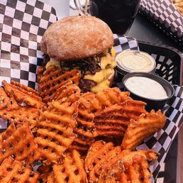 Double smash burger and sweet potato fries Double smash burger and sweet potato fries