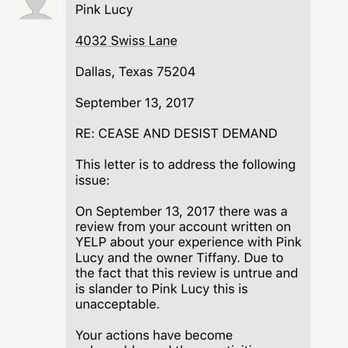 Pink Lucy - This is how Pink Lucy keeps the true reviews hidden. She has her team members to send a google sample letter for cease and desist. - Women's Clothing Near Me - Dallas, Texas Pink Lucy - This is how Pink Lucy keeps the true reviews hidden. She has her team members to send a google sample letter for cease and desist. - Women's Clothing Near Me - Dallas, Texas