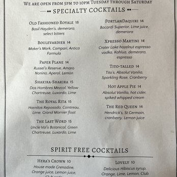 The Royal Sonesta Portland Downtown - Cocktail Menu - Cocktail Bars Near Me - Portland, Oregon