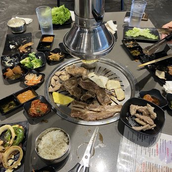 Ember Korean BBQ - soy marinated galbi and small intestine (again haha) + mushrooms  so gas - Korean Near Me - Elk Grove, California