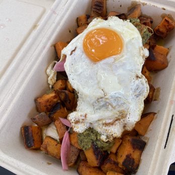 Brooklyn Breakfast Shop - Sweet Potato Hash, Pickled Red Onions, Shishito Sauce, Fried Egg - Breakfast & Brunch Near Me - Austin, Texas