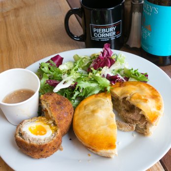 Piebury Corner - Pork, Apple, and Stuffing Pie (the "Ray Parlour"), Jalapeño Scotch Egg, Mixed Green Salad - British Near Me - London, XGL Piebury Corner - Pork, Apple, and Stuffing Pie (the "Ray Parlour"), Jalapeño Scotch Egg, Mixed Green Salad - British Near Me - London, XGL
