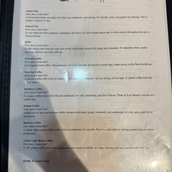 JAMRA Specialty Coffee ‏ - Menu explaining things which is good bc I needed the explanations - Coffee Roasteries Near Me - Richmond, Virginia