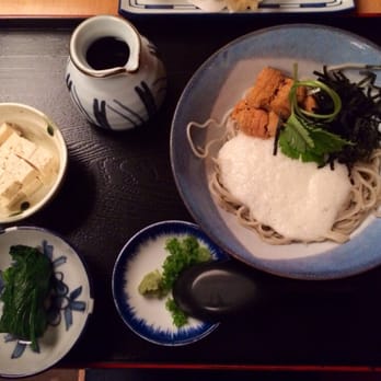 Soba-ya - Cold soba-- Fresh uni with mountain yam + boiled spinach and tofu - Japanese Near Me - New York, New York Soba-ya - Cold soba-- Fresh uni with mountain yam + boiled spinach and tofu - Japanese Near Me - New York, New York