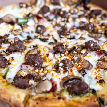 Pizza CasaMia - Via Tuscana (pesto sauce, whole-milk mozzarella cheese, mushrooms, spinach, sun-dried tomatoes, feta cheese and garlic) w/ added Sausage - Pizza Near Me - San Jose, California Pizza CasaMia - Via Tuscana (pesto sauce, whole-milk mozzarella cheese, mushrooms, spinach, sun-dried tomatoes, feta cheese and garlic) w/ added Sausage - Pizza Near Me - San Jose, California