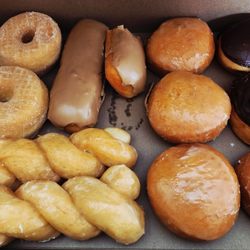 Sugar, Glazed twists. Maple bars. Raspberry filled, Strawberry filled, and Boston Creme