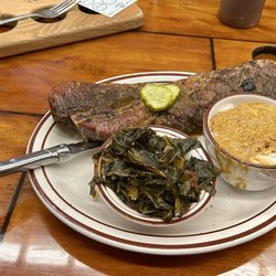 Elliott's - Giant Pit-Smoked Pork Steak, Hash & Rice, Collards