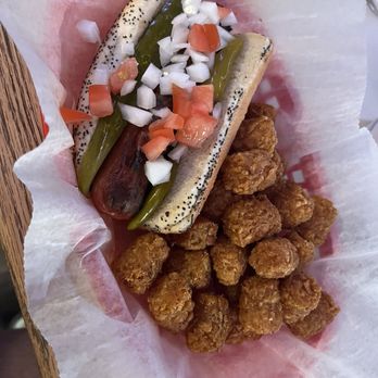 Bridgeport Inn - Charred Chicago dog and tater tots - Bars Near Me - Antioch, Illinois
