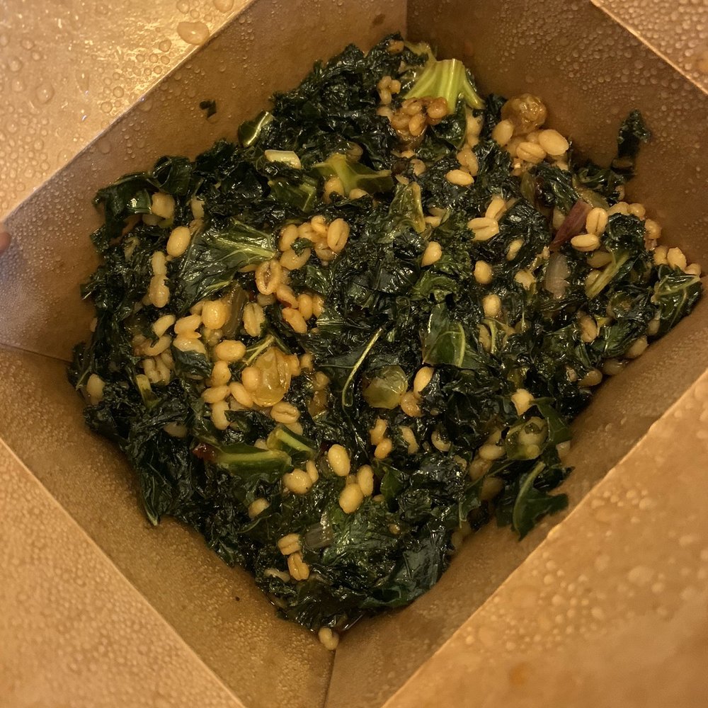 Zaca Cafe - Sauteed Kale, Barley, Shallots with BBQ Sauce to go - Coffee & Tea Near Me - Brooklyn, New York Zaca Cafe - Sauteed Kale, Barley, Shallots with BBQ Sauce to go - Coffee & Tea Near Me - Brooklyn, New York
