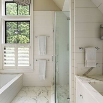 Gambrick Construction - Master bath with shiplap walls, soaking tub, marble floors and countertop - General Contractors Near Me - Point Pleasant, New Jersey