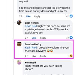 J & Ms Upholstery Restoration - Here's Brandon using archaic homophobic language to mock a man wearing pink on Facebook. Someone needs to grow up...