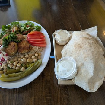 Barbonzai Lebanese Eatery - Falafel platter with bread. Apparently looked better than it tasted (bland and served with too much dry rice) - Lebanese Near Me - Lake Forest, California Barbonzai Lebanese Eatery - Falafel platter with bread. Apparently looked better than it tasted (bland and served with too much dry rice) - Lebanese Near Me - Lake Forest, California