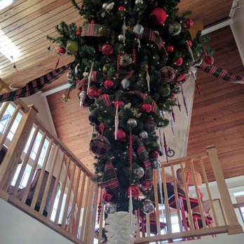 Upside Down Christmas Tree Hanging From The Ceiling At Woodwright