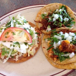 Los Taquitos - Chicken tostada, chorizo con huevos taco and barbecoa taco
