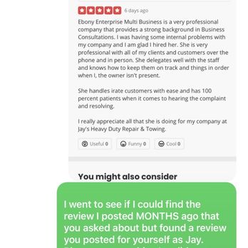 Ebony Enterprise Multi-Business - Photos of the text between myself, the owner and Ebony confronting her about her making fake posts. - Web Design Near Me - Cary, North Carolina Ebony Enterprise Multi-Business - Photos of the text between myself, the owner and Ebony confronting her about her making fake posts. - Web Design Near Me - Cary, North Carolina