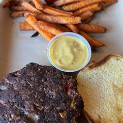 Keg & Cow - Veggie burger and sweet potato fries with honey mustard