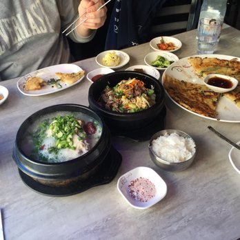 Dae Bak - Samgyetang (left), dolsot bulgogi bibimbap (middle), seafood pancakes (right) - Korean Near Me - Philadelphia, Pennsylvania