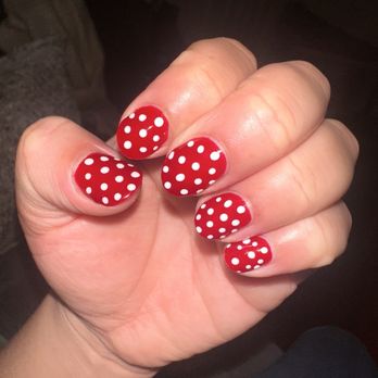 Candy Nails - rounded natural nails with burgundy gel nail polish with polka dots. - Nail Salons Near Me - Las Vegas, Nevada
