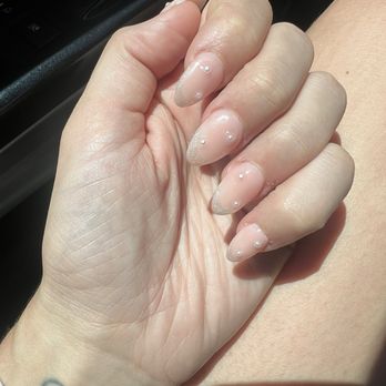 Lush Nail Studio - Full set with nude powder, glitter tips, and pearls - Waxing Near Me - Tustin, California