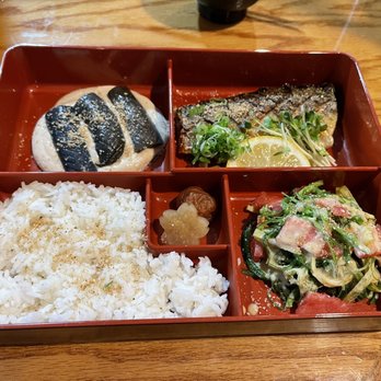 Takara 14 - Broiled mackerel, soy marinaded eggplant, tofu mousse, seaweed with watercress and watermelon - Japanese Near Me - Washington, DC, District of Columbia