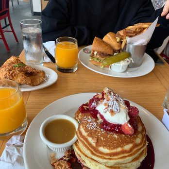 Clinton St. Baking - Raspberry Jam Pancakes, Chicken, Fries and Fried Chicken Sandwich - Bakeries Near Me - New York, New York Clinton St. Baking - Raspberry Jam Pancakes, Chicken, Fries and Fried Chicken Sandwich - Bakeries Near Me - New York, New York