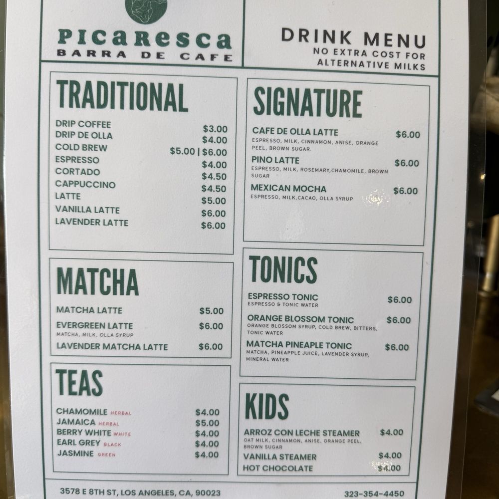 Picaresca - Drink menu - Coffee & Tea Near Me - Los Angeles, California Picaresca - Drink menu - Coffee & Tea Near Me - Los Angeles, California