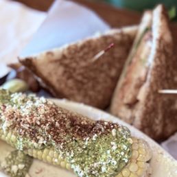 Chicken salad sandwich with elote